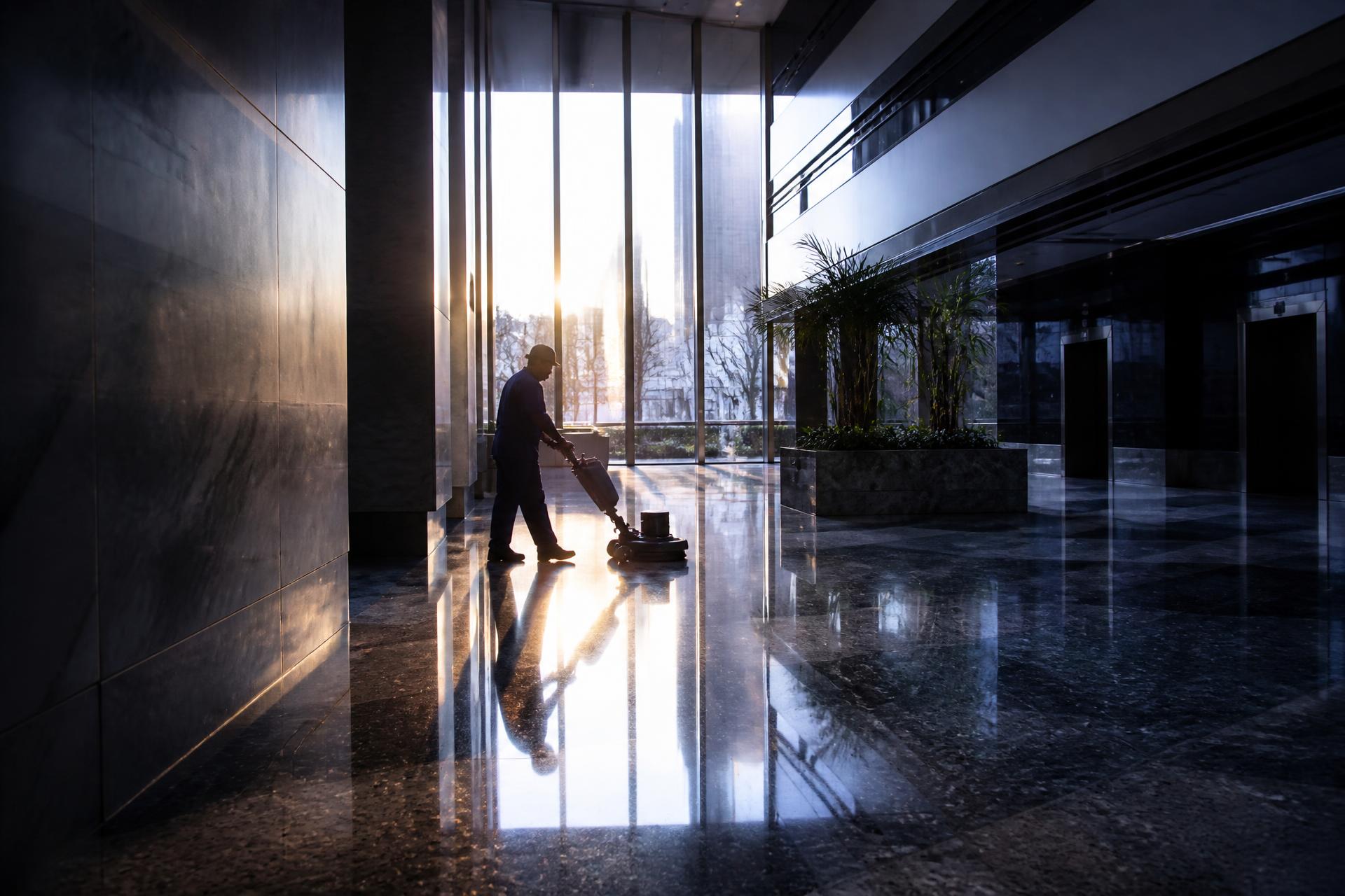 Cleaning technician buffing a polished office lobby floor at dawn