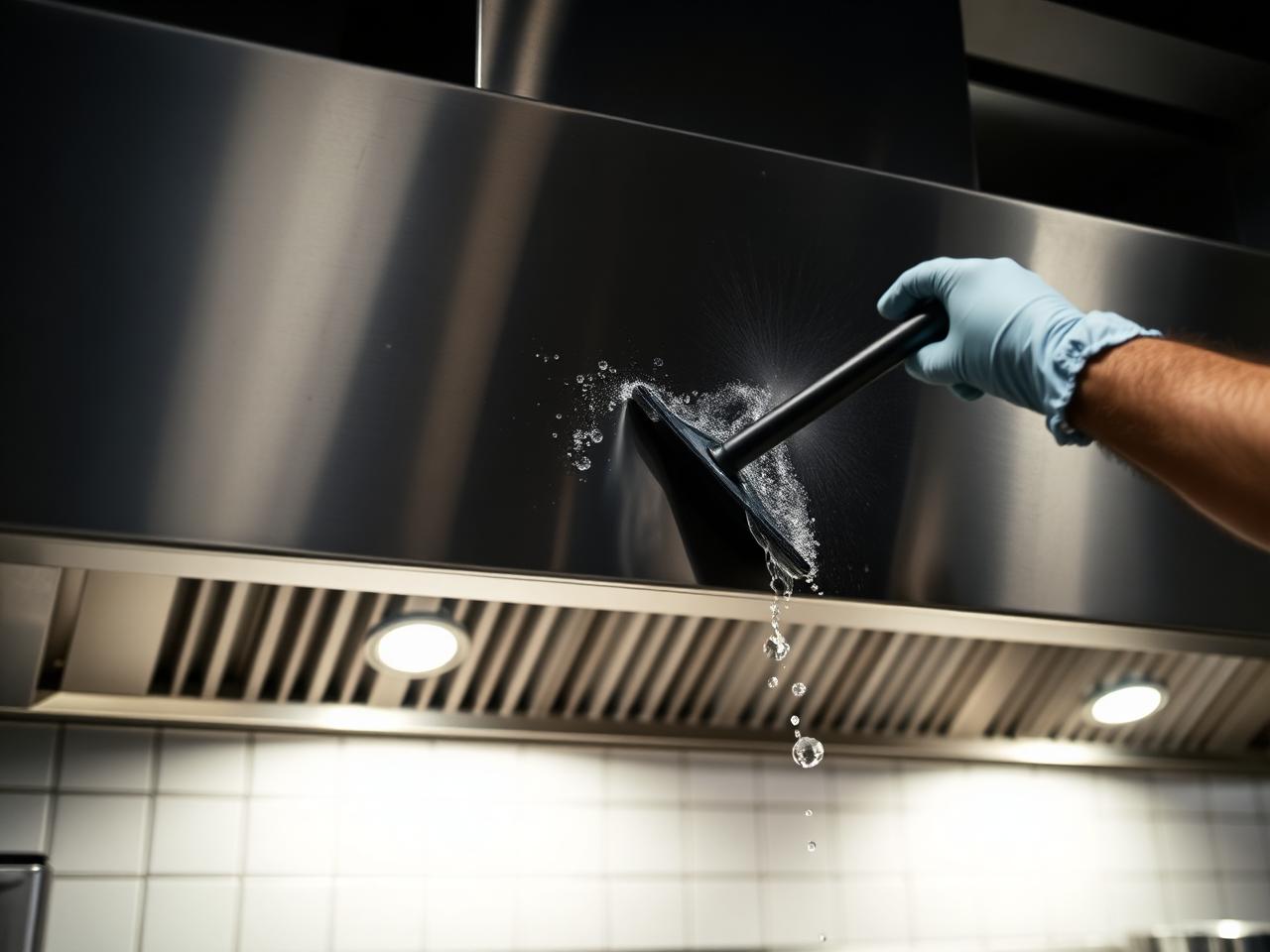 Technician deep cleaning a stainless steel commercial kitchen exhaust hood